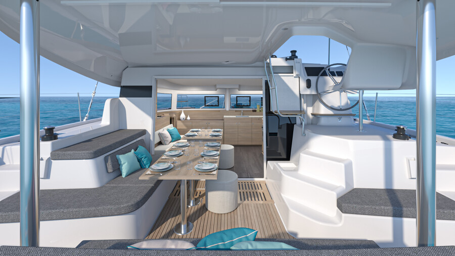 Lagoon 38's outdoor and indoor table can be joined, creating a single open space that goes from the stern to the bow continuity, with a 360-degree view of the sea.